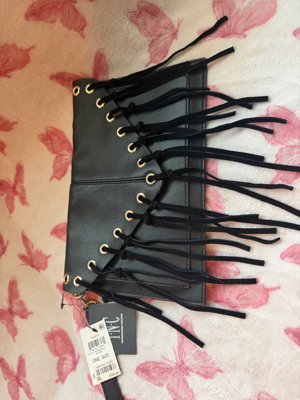 INC International Concepts Black Fringe Clutch with Gold Eyelets